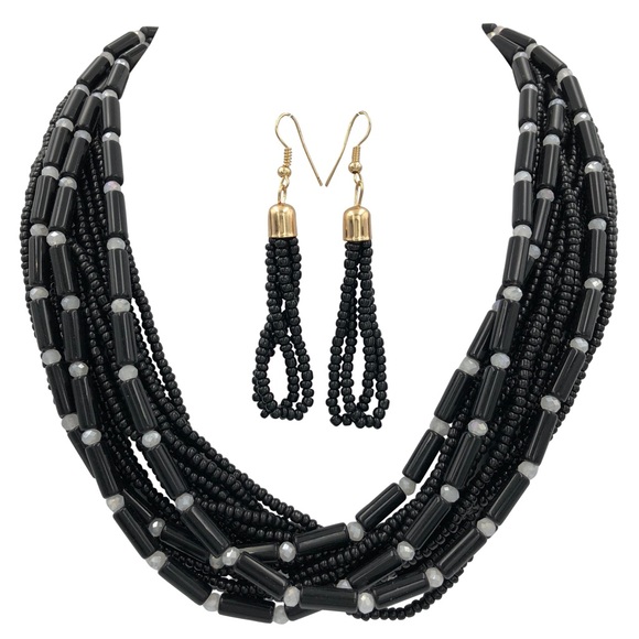 Black Layered Seed Bead Necklace & Earrings Set - Picture 1 of 3